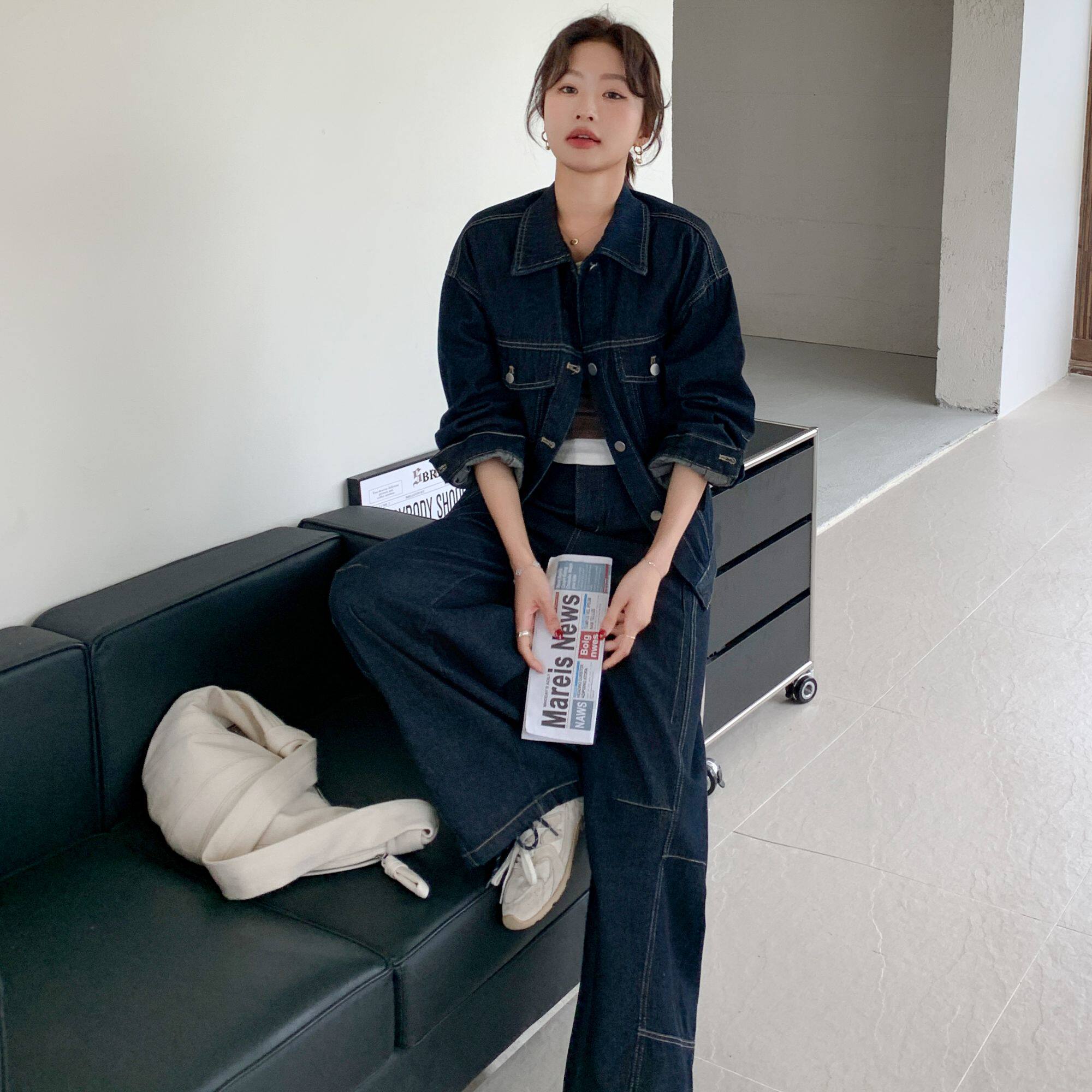 复古休闲气质水洗工装牛仔阔腿裤两件套女春秋个性网红收腰短外套