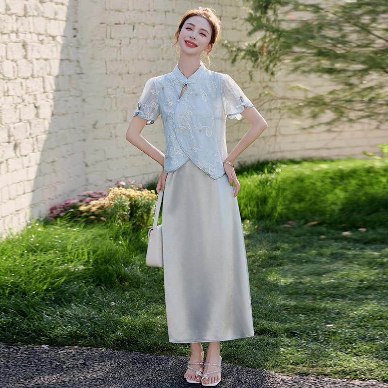 新中式国风绣花改良旗袍上衣醋酸半身裙套装女夏气质显瘦高级感