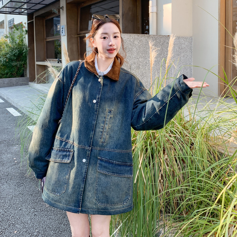 巴恩风撞色翻领复古牛仔外套女2026春秋新款宽松盐系bf风夹克上衣