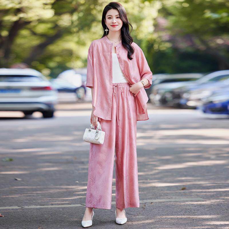 民族风提花阔腿裤套装女夏装薄款休闲宽松减龄大码防晒衬衫两件套