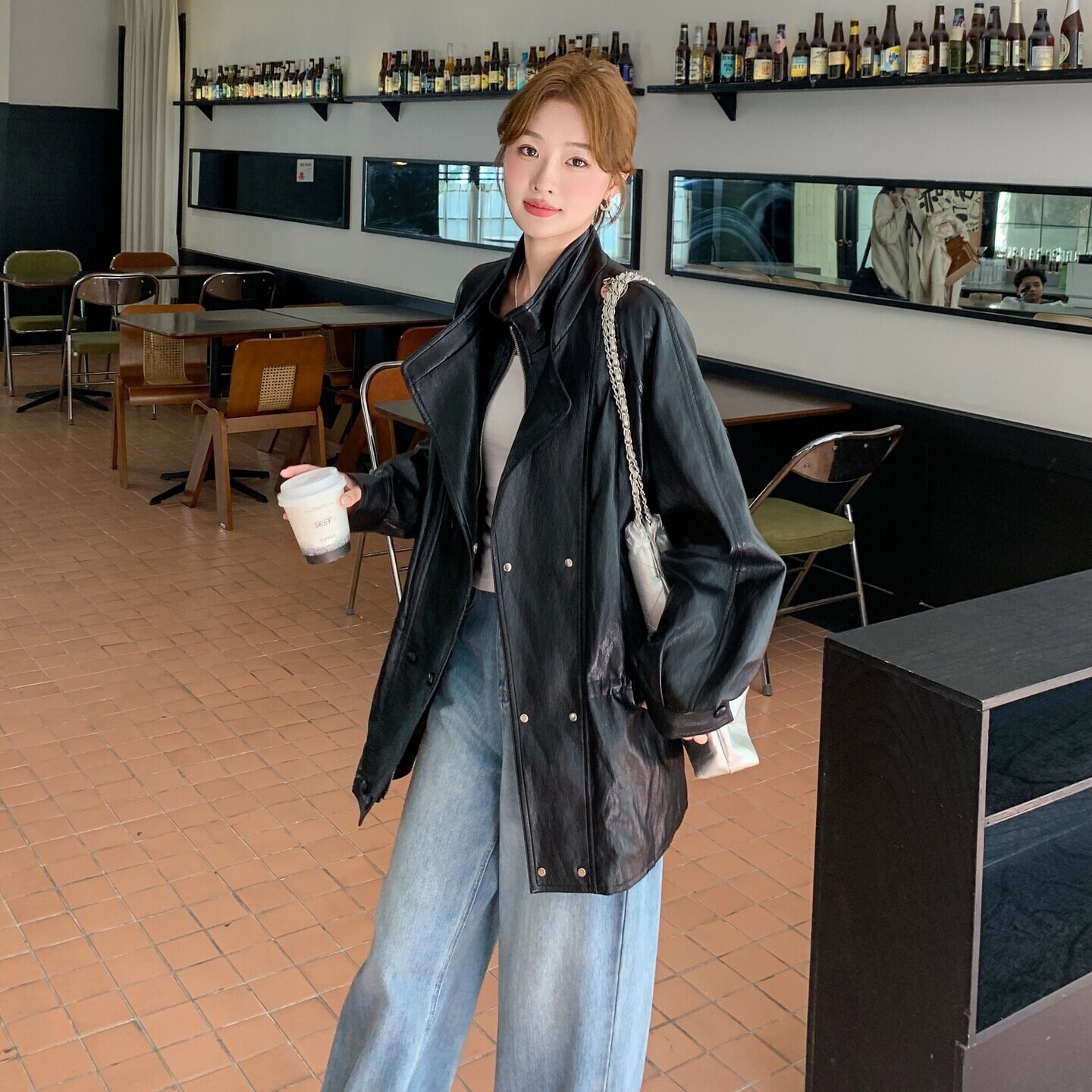 短外套百搭款休闲风立领中长款PU皮衣女黑色宽松复古外套百搭夹克