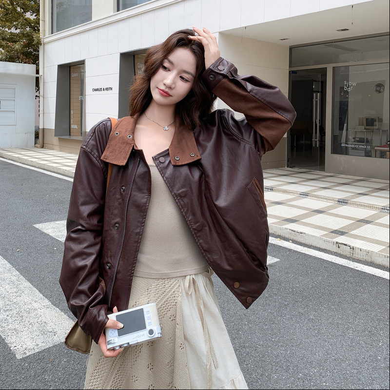 美拉德撞色翻领皮衣外套女秋季氛围感酷飒炸街短款机车风夹克上衣
