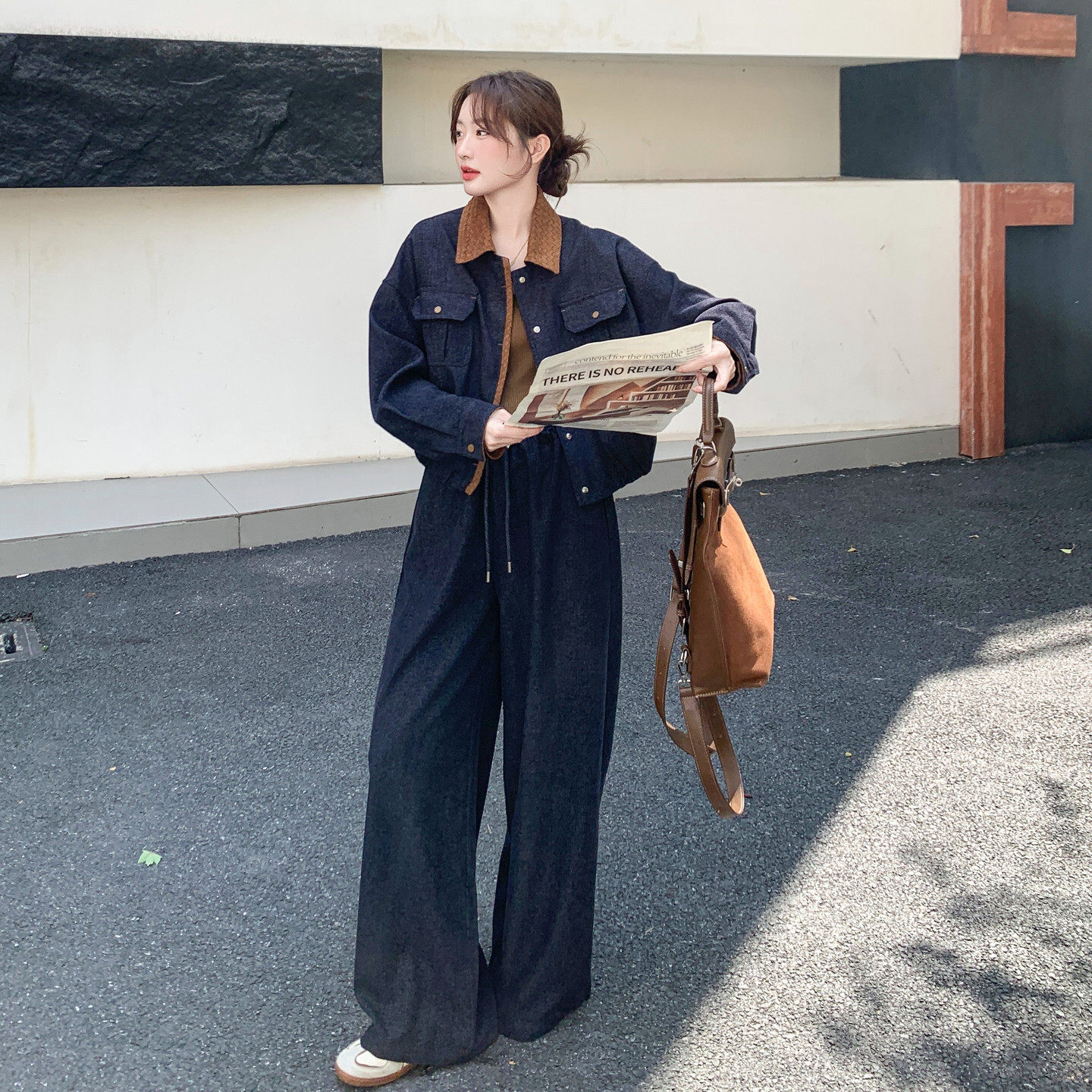 小个子款式老钱风复古牛仔套装女春秋翻领外套阔腿裤显瘦两件套女