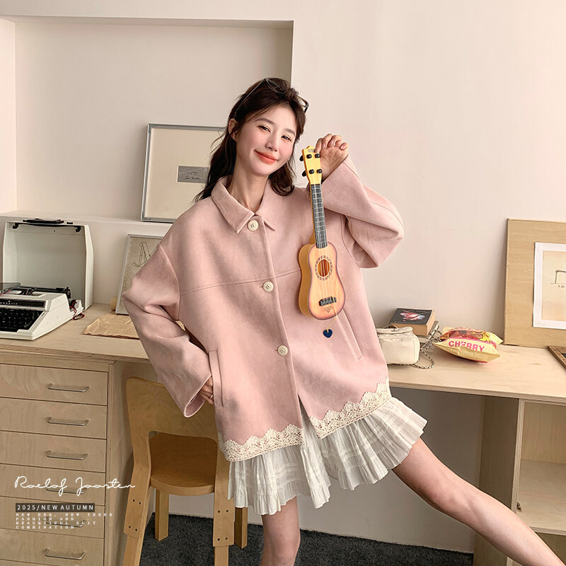粉色蕾丝拼接翻领夹克外套女