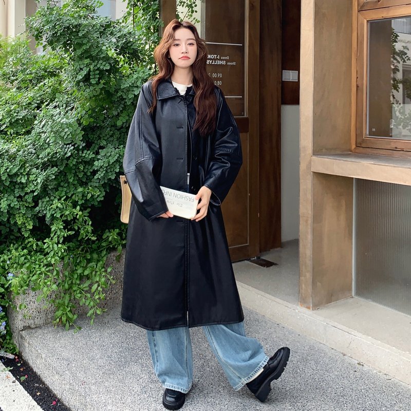 气质简约慵懒风PU皮风衣外套女春秋新款酷飒复古高级感赫本风大衣