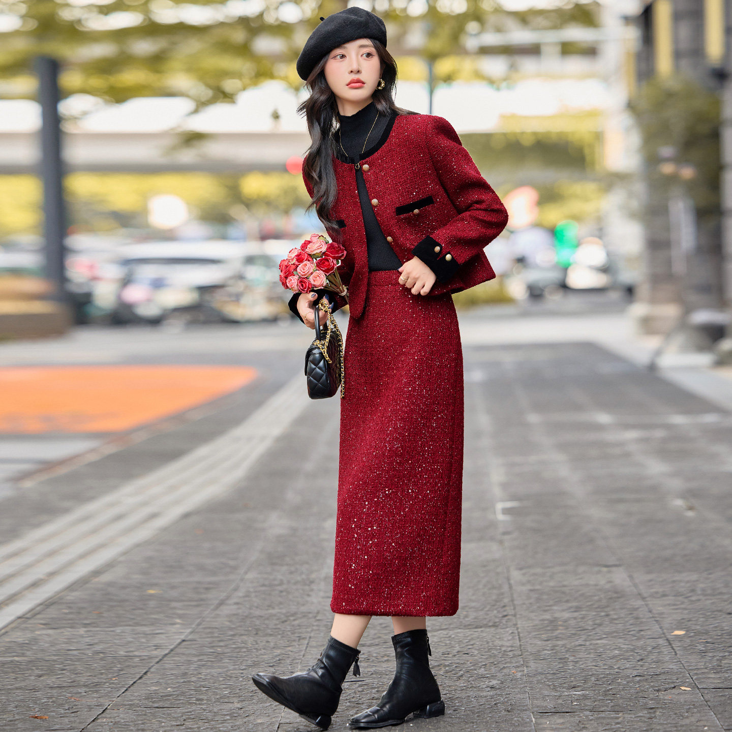 小香风气质长裙套装女秋冬气质名媛细闪短款外套包臀半身裙两件套