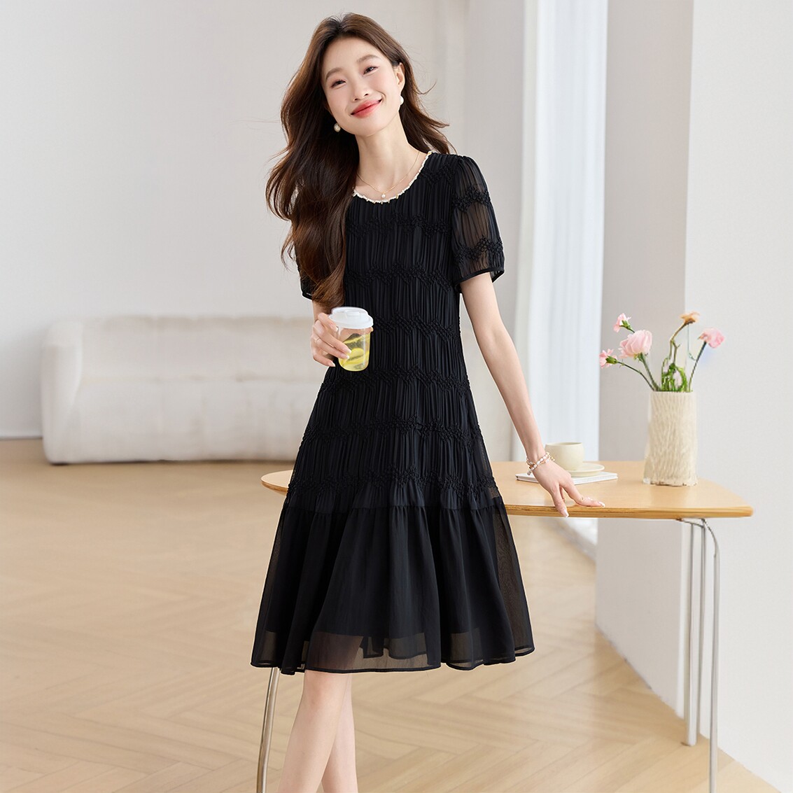 法式轻奢雪纺连衣裙女中长款夏季新款宽松遮肚子显瘦减龄a字裙子