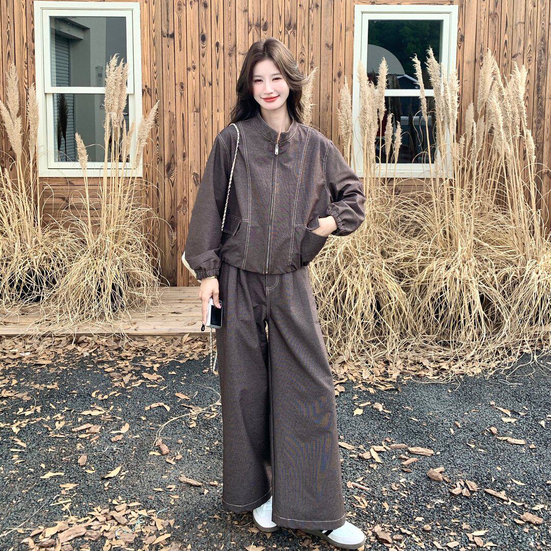 美拉德咖色工装套装女秋季新款休闲立领短外套阔腿裤两件套酷飒风