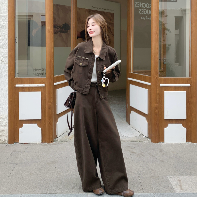 咖色复古气质短款外套阔腿裤套装两件套女早春秋韩系减龄时尚爆款