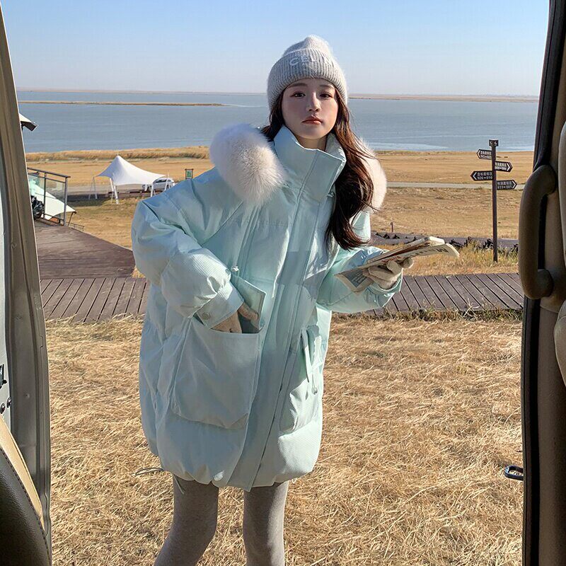 韩系浅蓝色毛领连帽羽绒服女冬新款超火好看高级小众加厚中长外套