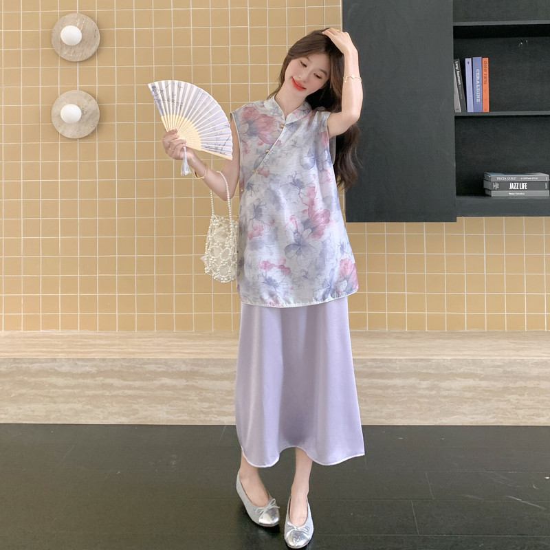 新中式优雅宽松印花无袖马甲叠穿缎面吊带裙套装女夏高级感两件套
