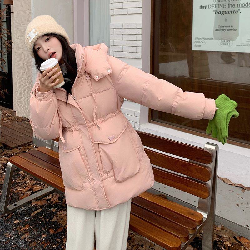 学院风羽绒服外套女中长款冬季韩系收腰显瘦小个子连帽加厚面包服