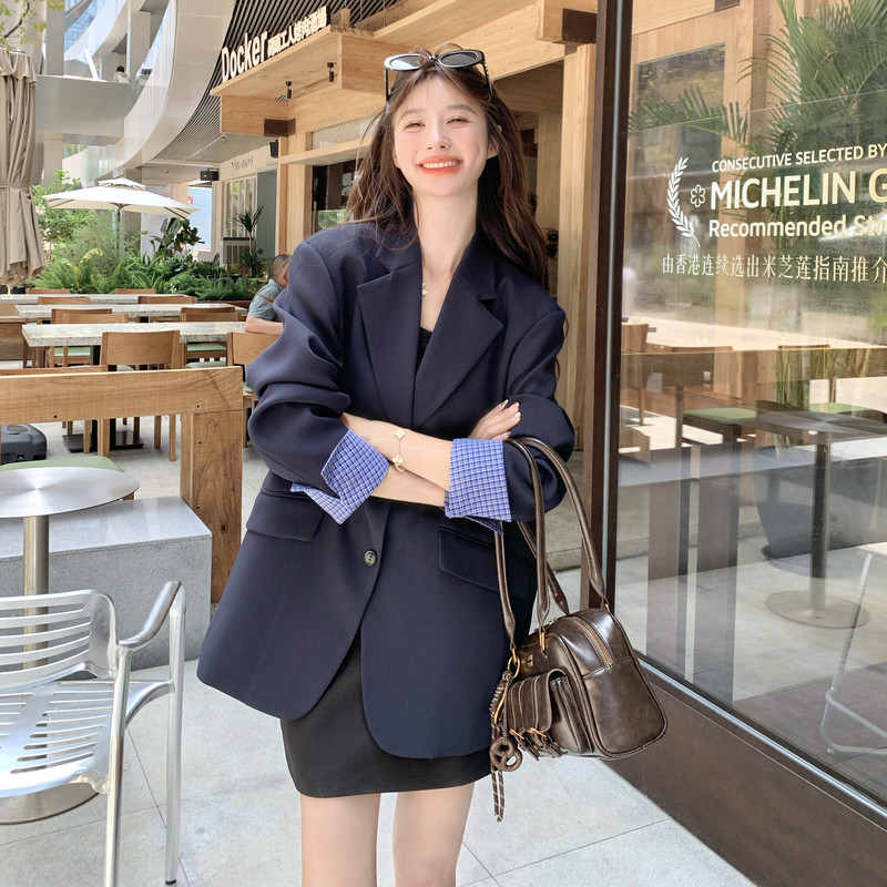 韩系职业通勤西装外套女春秋高级感复古休闲气质宽松格纹拼接西服