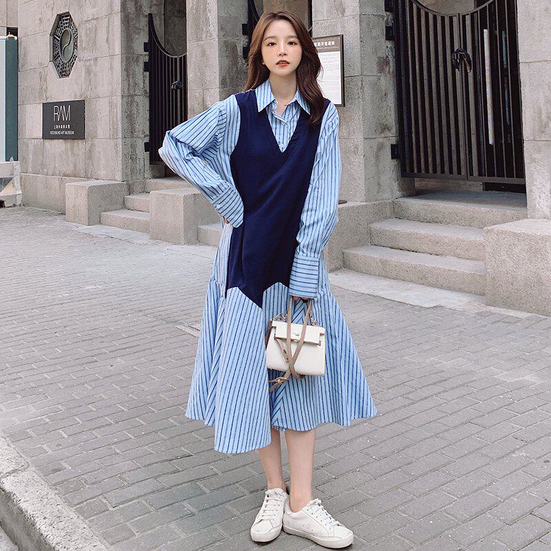 别致设计感假两件格纹拼接长袖连衣裙春秋新款减龄宽松大码衬衫裙