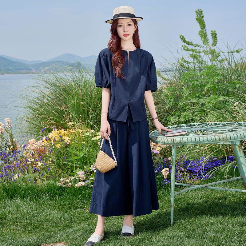 复古文艺范高腰裙裤套装夏季微胖显瘦一整套穿搭泡泡袖衬衫两件套