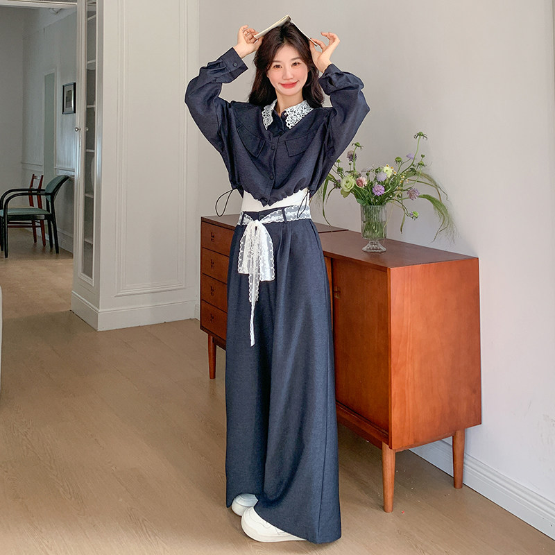 蕾丝拼接长袖牛仔衬衫阔腿裤套装女春秋新款两件套ootd穿搭高级感