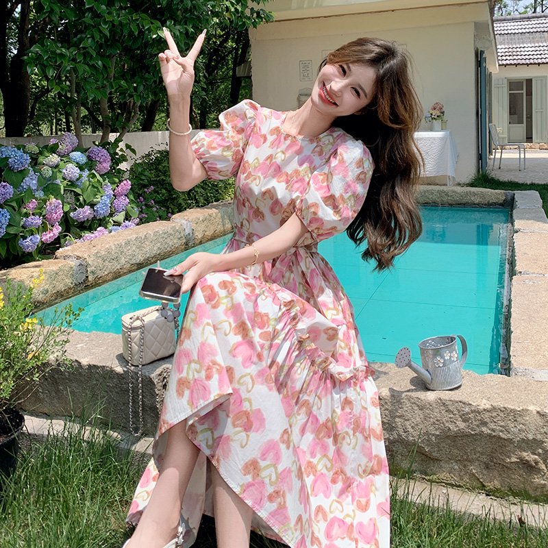 温柔风浪漫印花连衣裙女夏装气质收腰显瘦宽松泡泡袖森系法式长裙