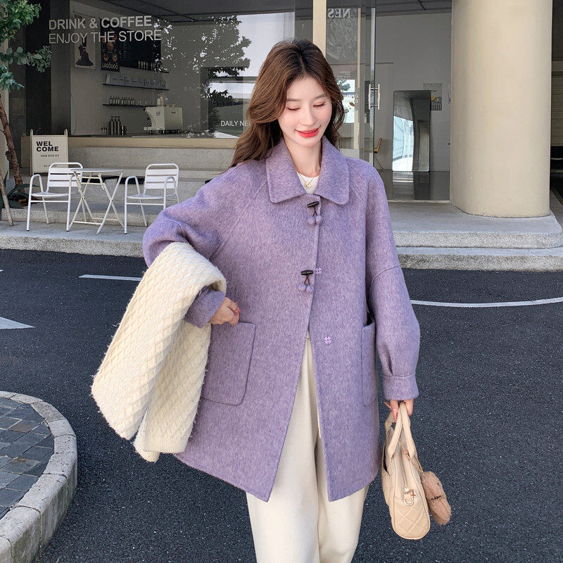 紫色牛角扣双面羊毛大衣女2026冬季新款温柔风超好看减龄毛呢外套