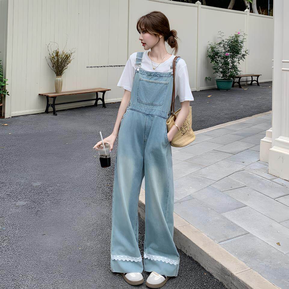 蕾丝拼接牛仔背带裤套装女洋气减龄春夏秋高腰显瘦韩版休闲阔腿裤