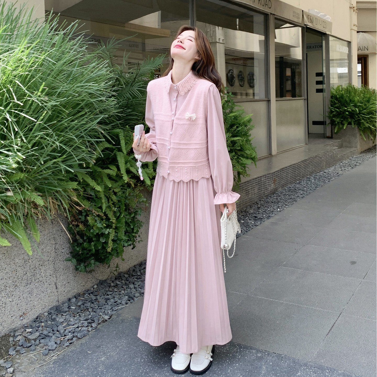 可盐可甜毛衣马甲衬衫领连衣裙女2026秋季新款设计感甜美风两件套
