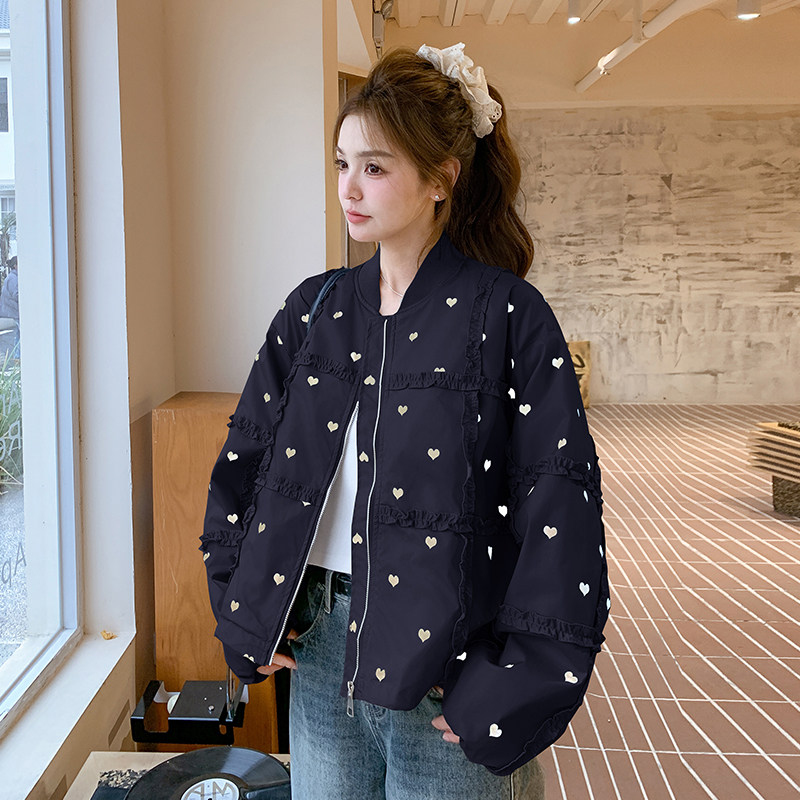 休闲爱心印花棒球服外套女春秋装新款韩版宽松短款小个子夹克上衣
