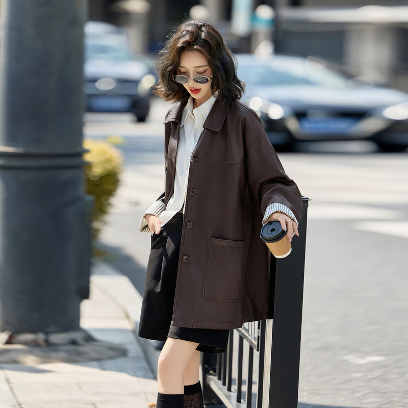 复古条纹拼接皮衣外套女春秋新款宽松休闲高级感中长款皮夹克风衣