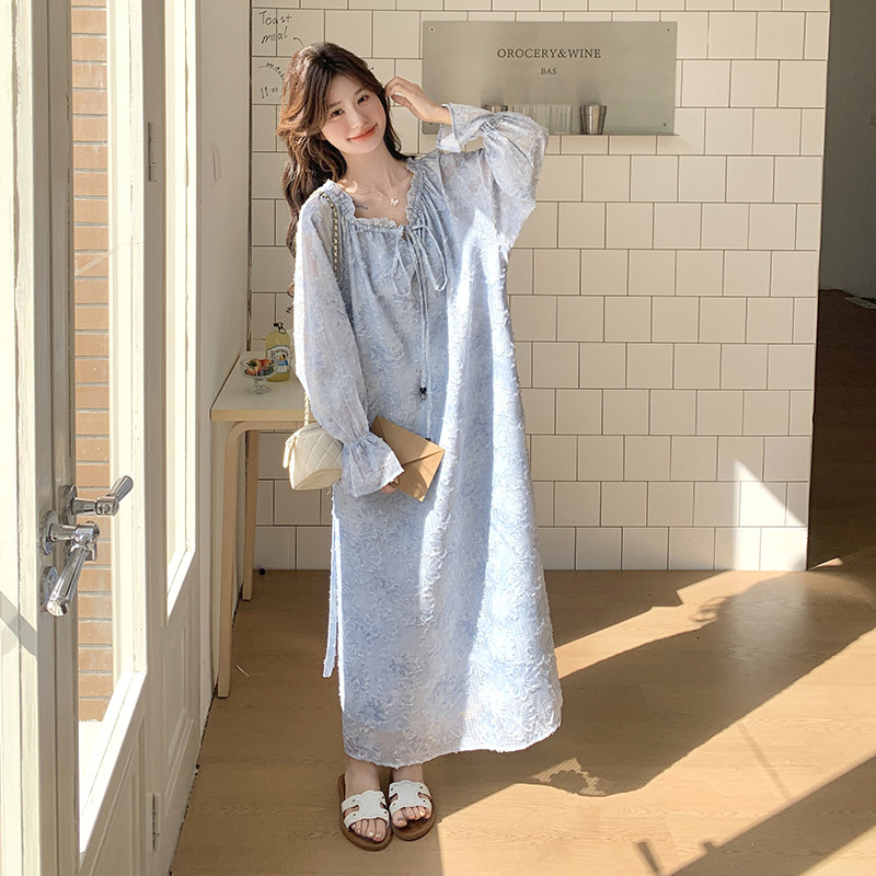 法式浅蓝色提花温柔风连衣裙女
