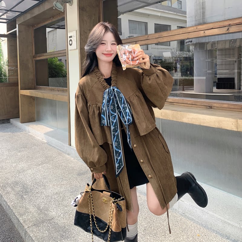 卡其色设计感蝴蝶结风衣外套女秋季韩系慵懒风中长款宽松百搭大衣