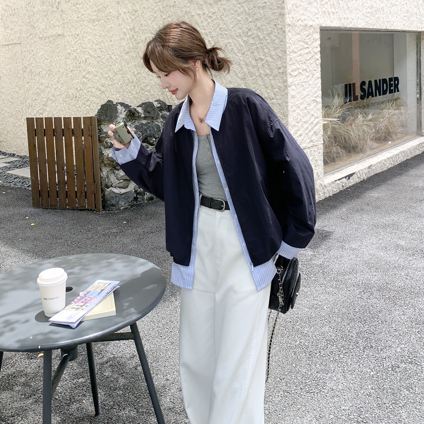 撞色条纹假两件外套女2026春秋新款韩系减龄休闲短款翻领夹克上衣