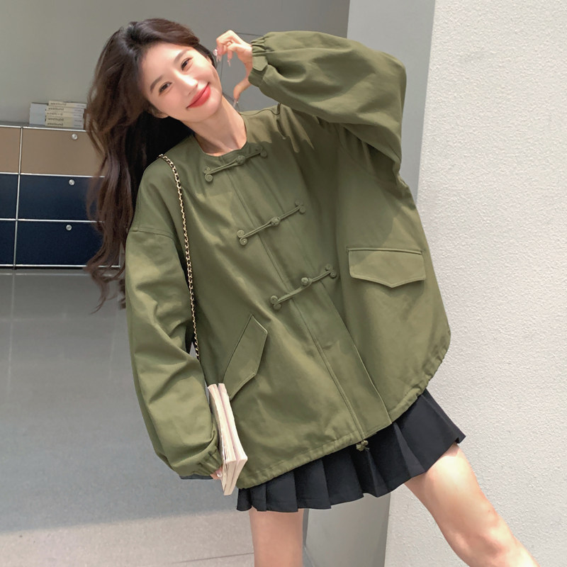 韩系慵懒风立领工装外套女2026春秋季新款军绿色宽松休闲短款夹克