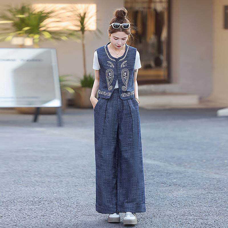 复古刺绣马甲上衣套装女2025新款春夏新款高级感牛仔阔腿裤两件套