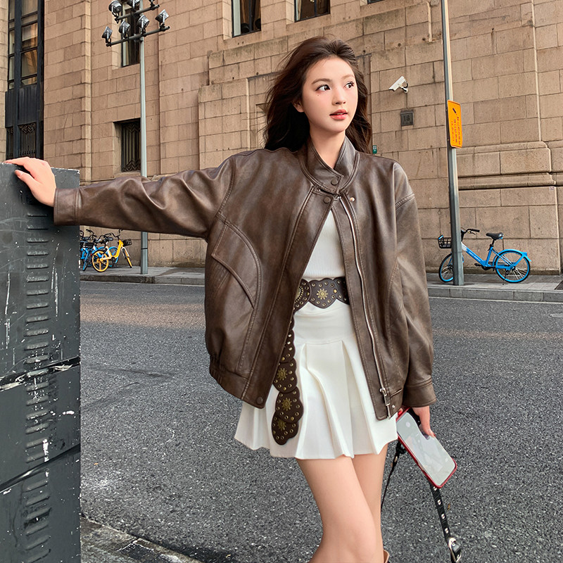 美拉德复古咖色皮衣夹克外套女