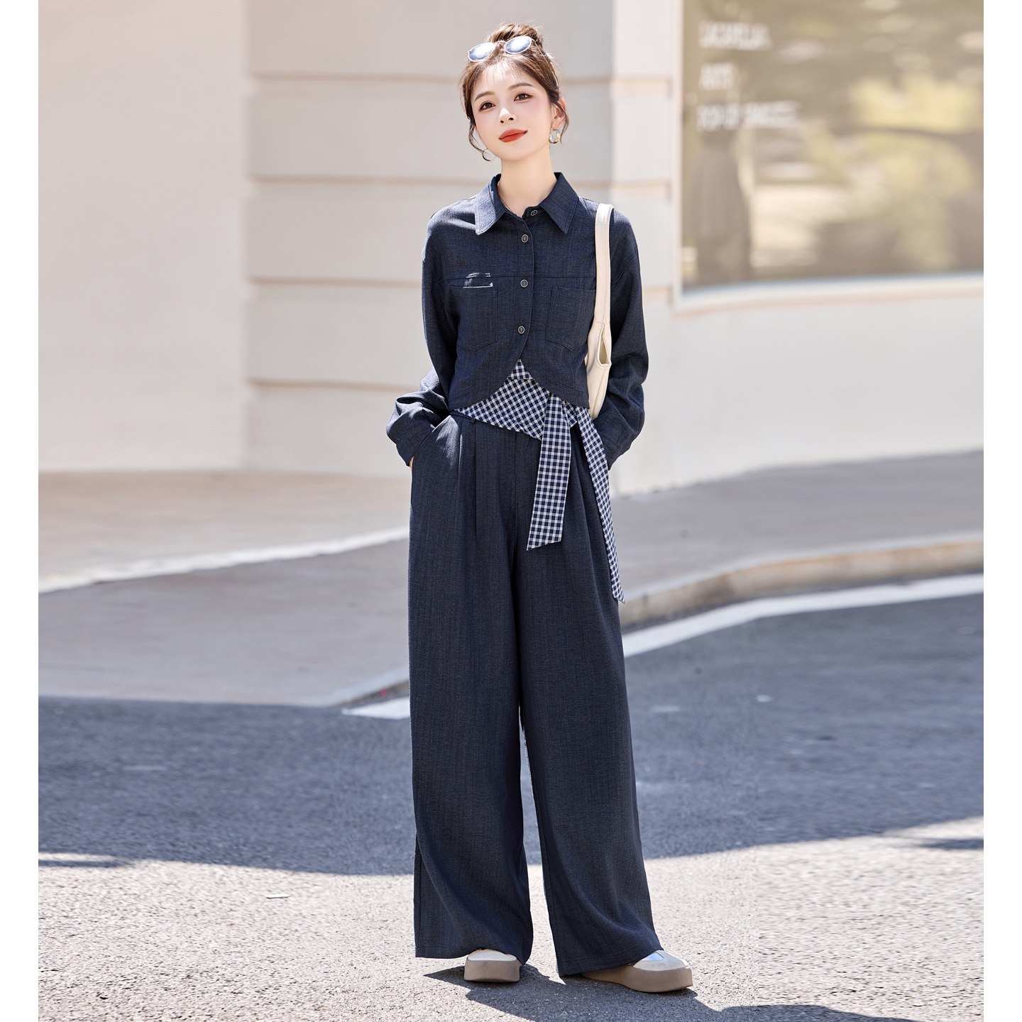休闲时尚方格牛仔套装女2025年春秋新款高腰宽松显瘦阔腿裤三件套