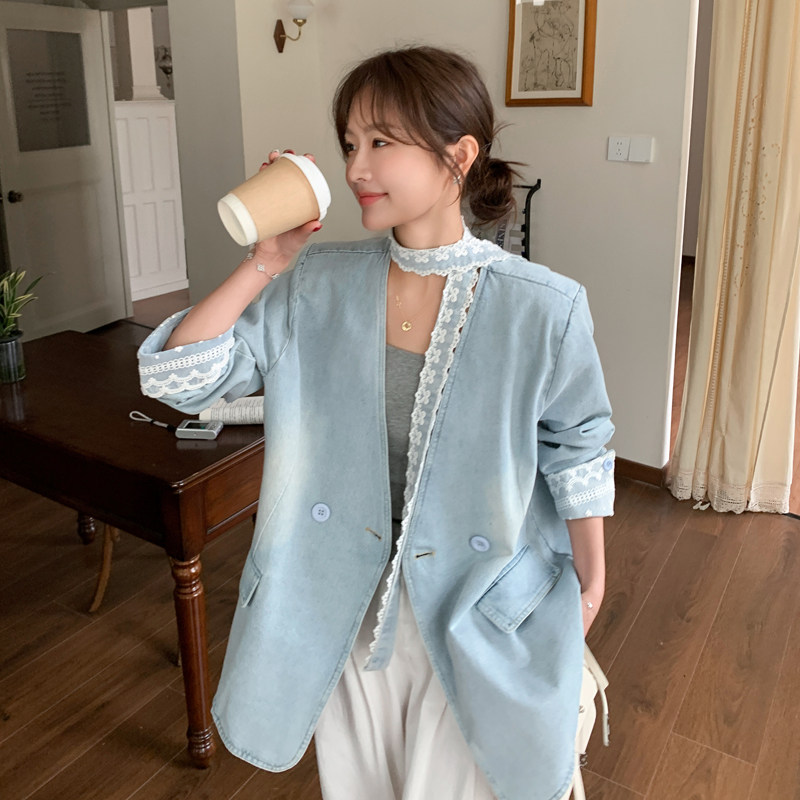 蓝色蕾丝拼接飘带牛仔外套女春秋新款独特漂亮休闲名媛V领小西装
