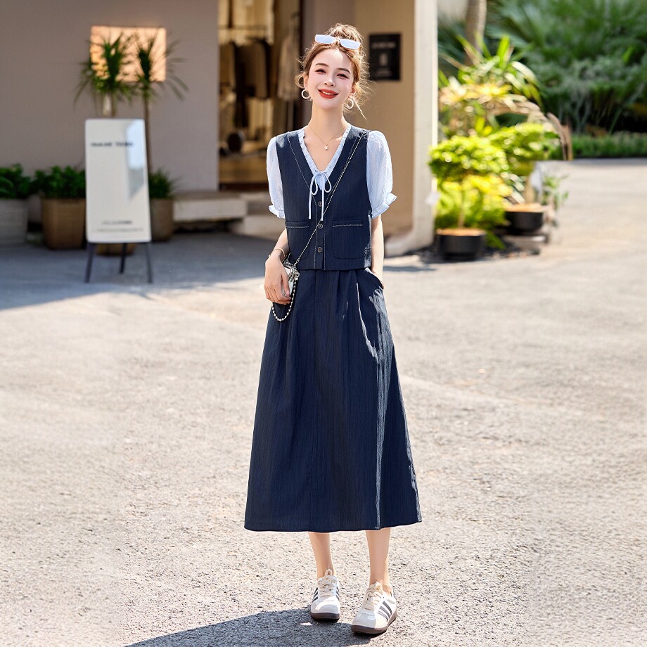 法式优雅套装连衣裙女夏季新款休闲短袖衬衫马甲外套半身裙三件套
