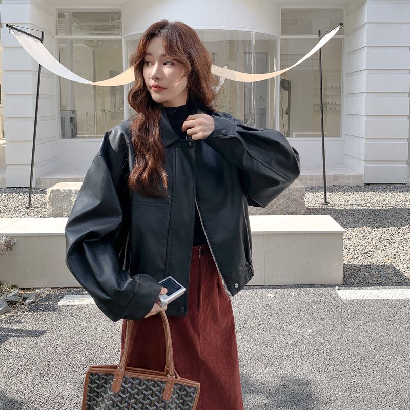 美式复古黑色PU皮机车服外套女春秋新款设计感宽松短款夹克上衣潮