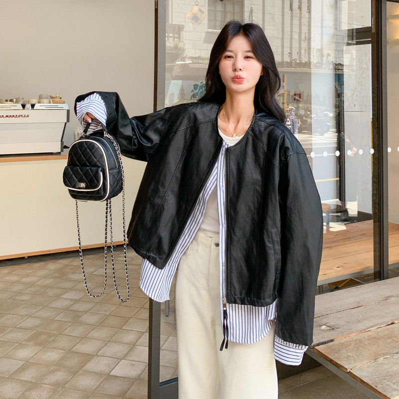 设计感假两件撞色条纹拼接PU皮外套春秋新款休闲复古宽松圆领上衣