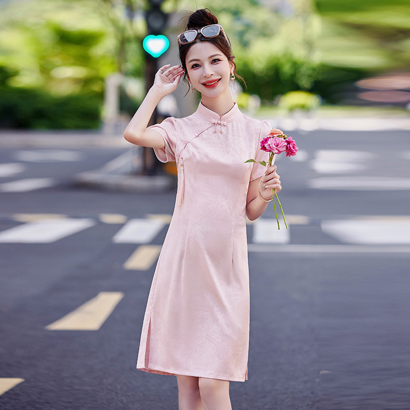 新中式国风缎面提花旗袍裙女夏新款时尚修身显瘦小个子A字连衣裙