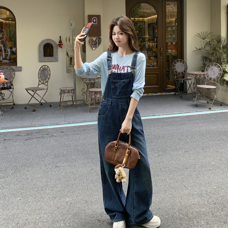 学院风工装牛仔背带裤女春秋2026年超火小众高级感洋气减龄阔腿裤