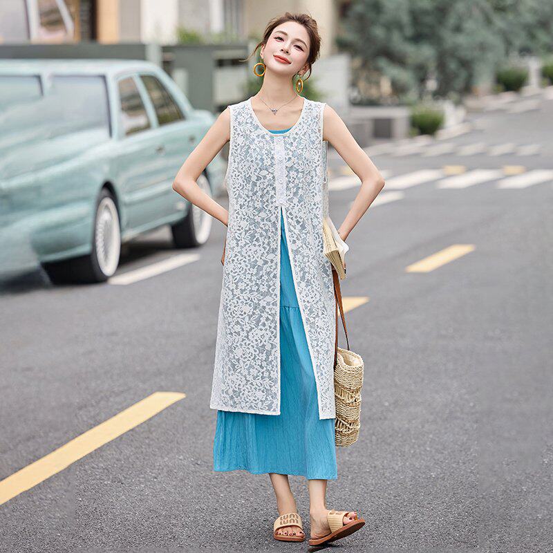 蕾丝绣花罩衫叠穿无袖连衣裙套装女夏季减龄龄小清新背心裙两件套