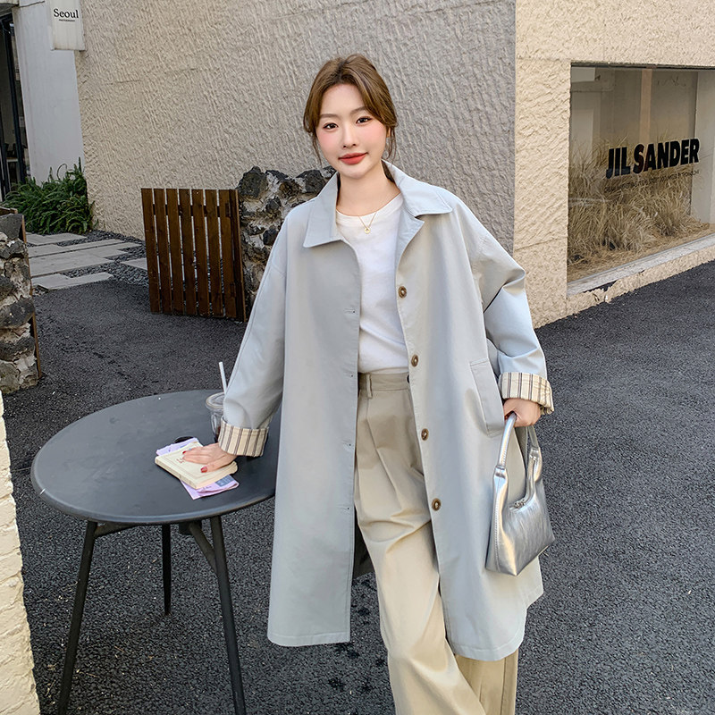 韩系蓝色风衣女春秋中长款高级感收腰气质显瘦宽松英伦风休闲外套