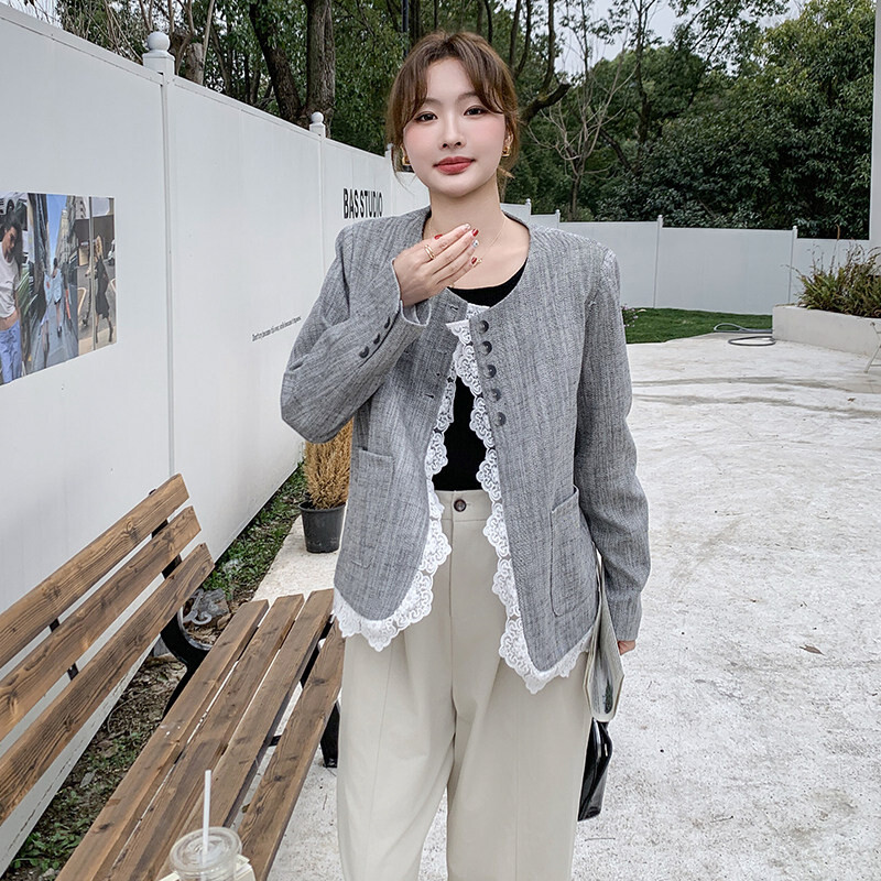 蕾丝花边拼接灰色西装外套女