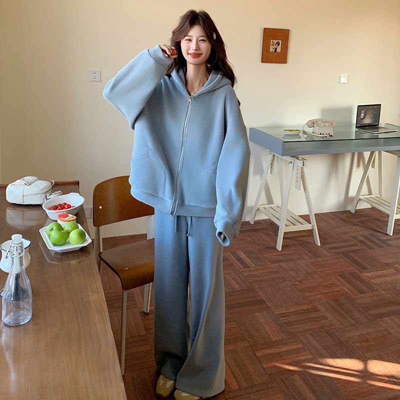 韩系chic卫衣套装女春秋新款松弛感休闲连帽宽松外套阔腿裤两件套