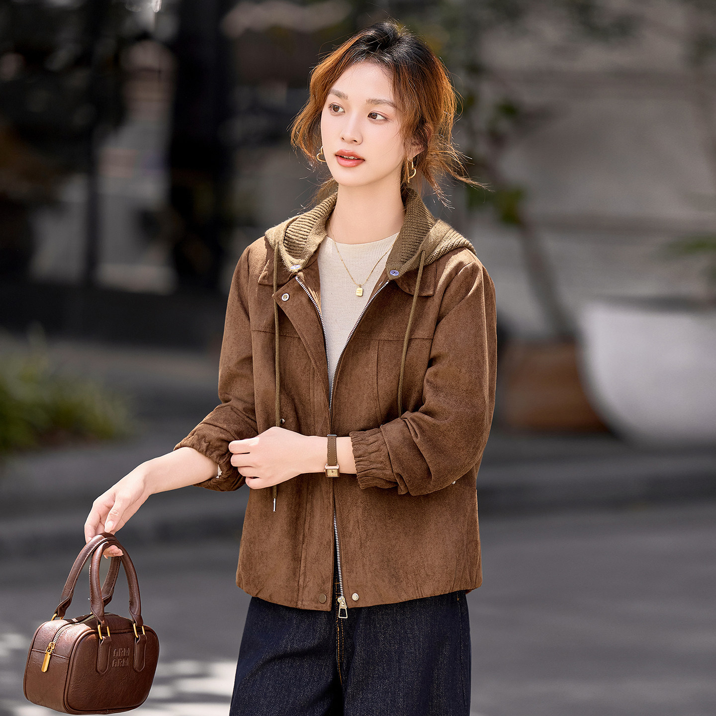 长袖可拆卸针织连帽短款外套女