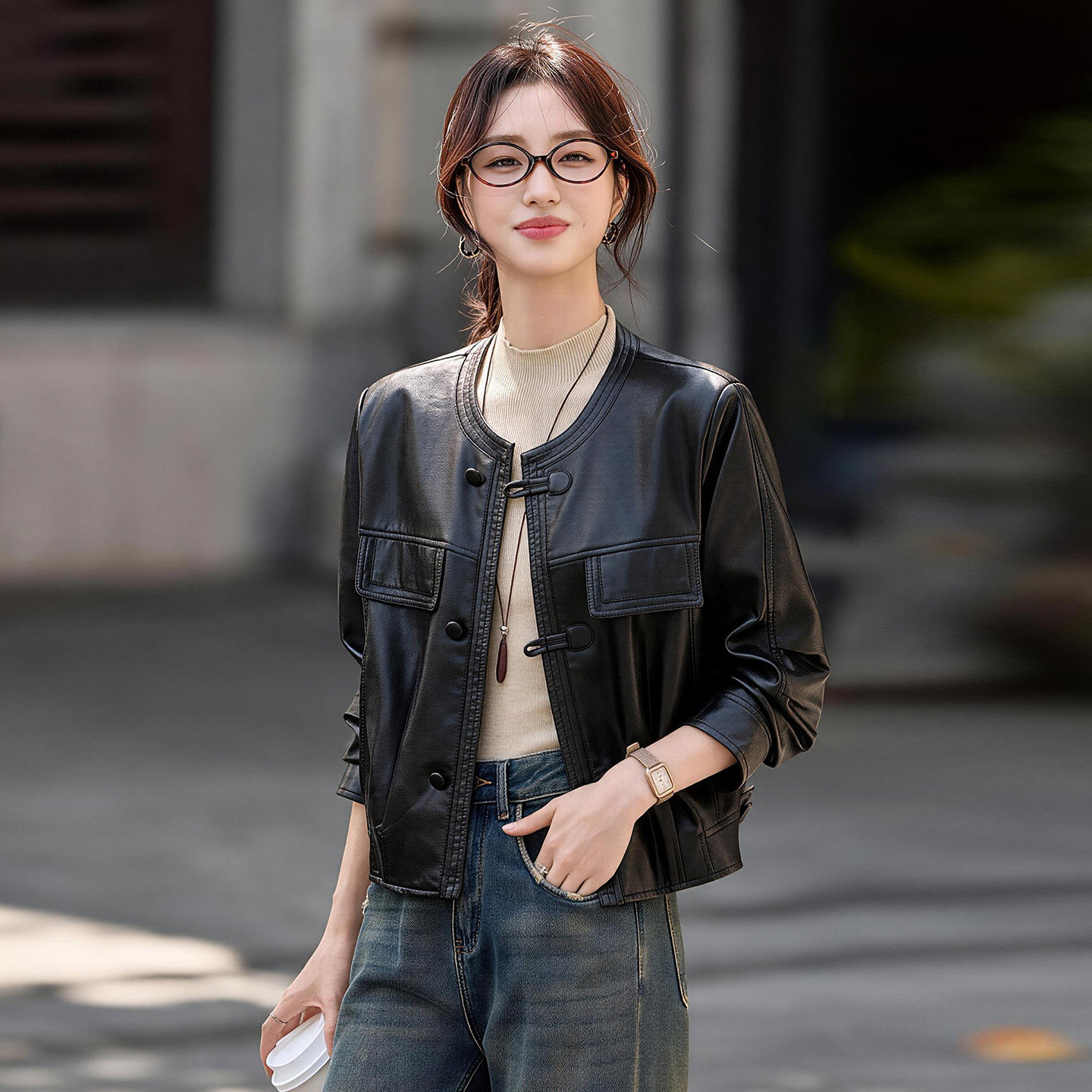 新中式圆领盘扣皮衣女短款2026秋季新款修身显瘦复古气质夹克外套