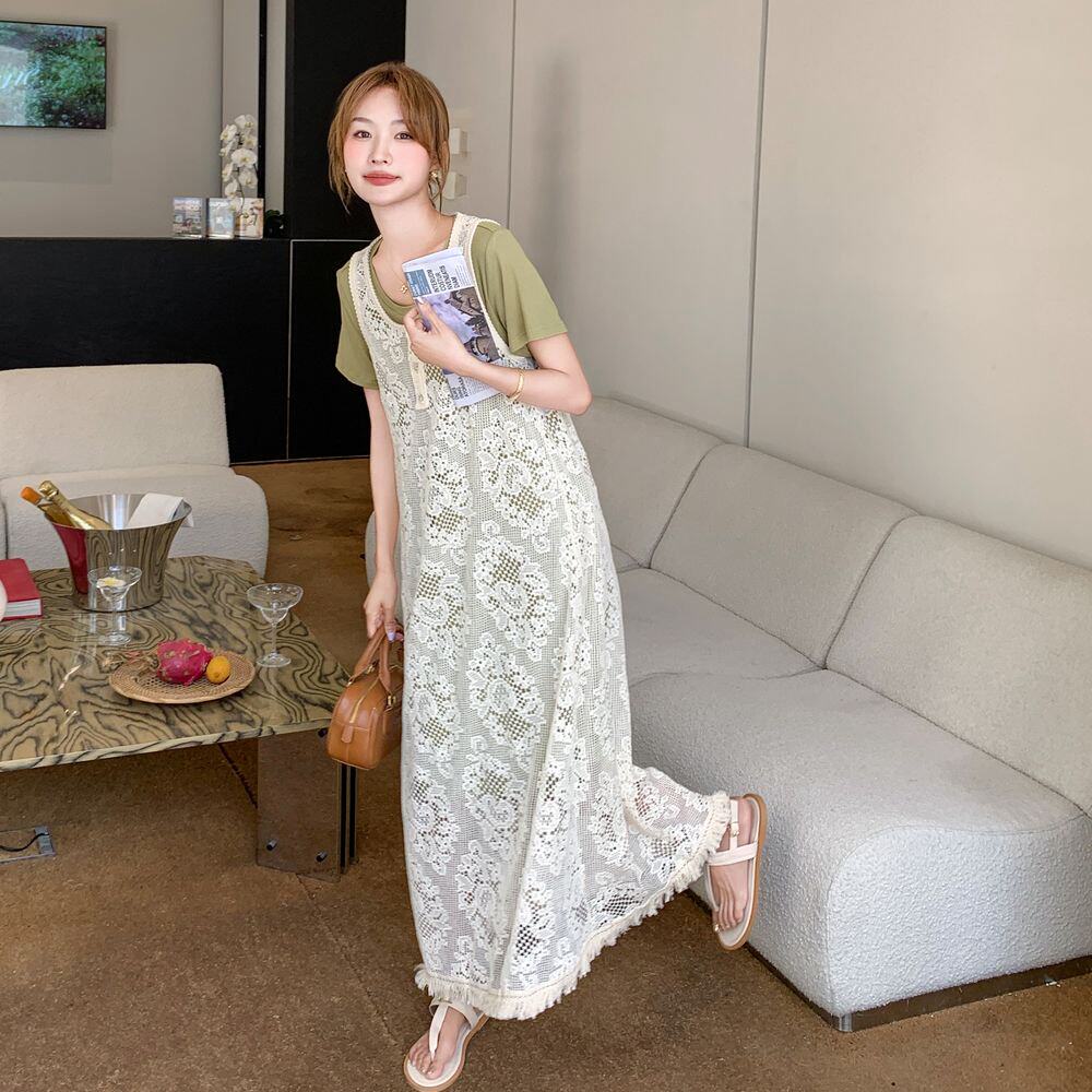 温柔蕾丝镂空罩衫背心裙套装夏季叠穿t恤裙休闲显瘦两件套连衣裙