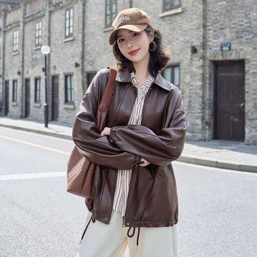 复古棕色PU皮衣短外套女港风新款春秋装时尚宽松美式机车夹克上衣