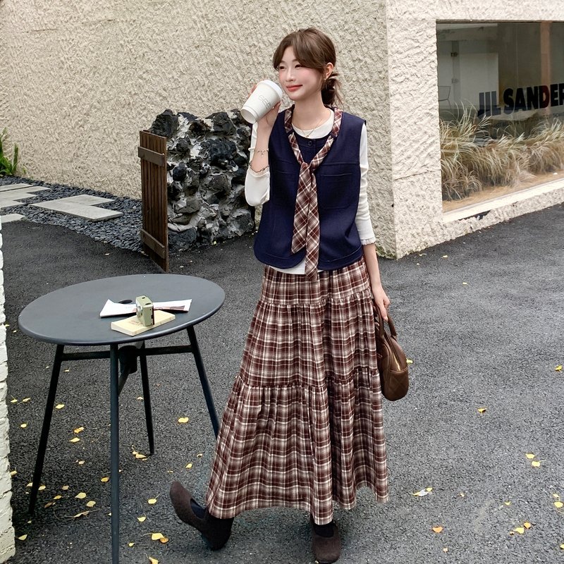 盐系复古牛仔马甲格子半身裙套装春秋韩系美拉德学院风长裙两件套