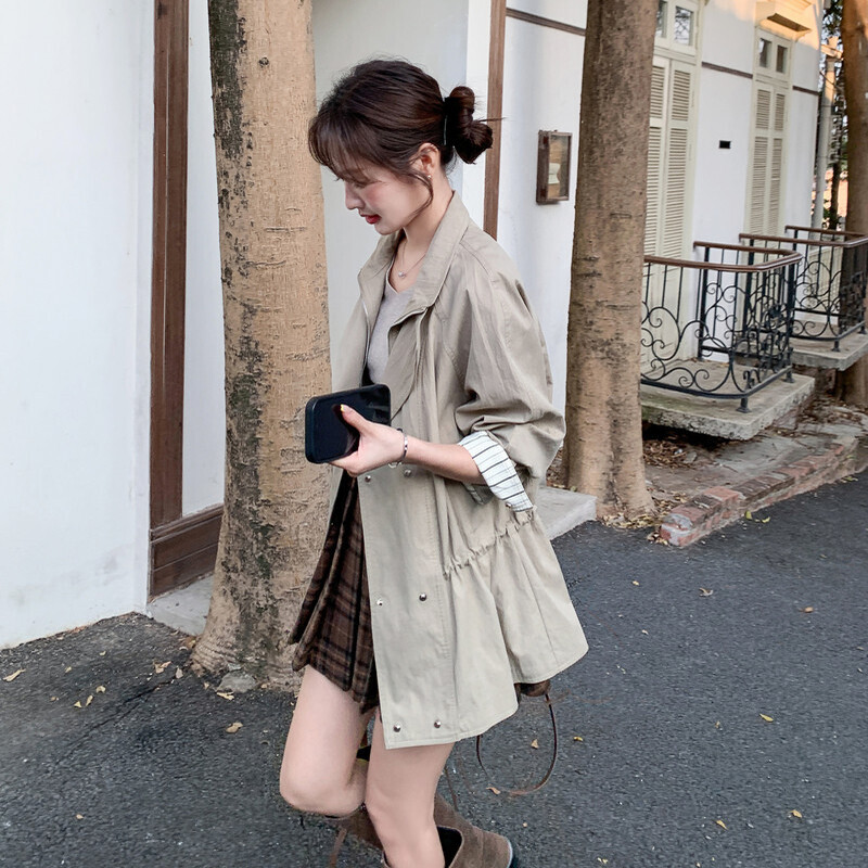 卡其色条纹拼接休闲风衣外套女