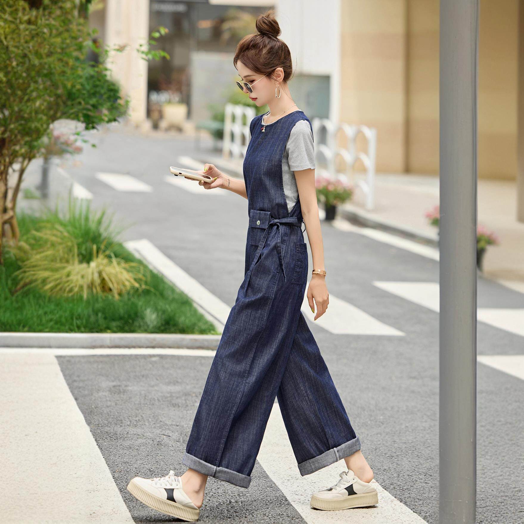 韩系穿搭一整套阔腿连体裤套装女夏短袖T恤薄款牛仔背带裤两件套